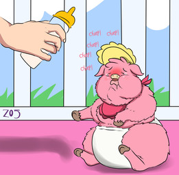 ambiguous_feral ambiguous_gender ambiguous_human animal_noises baby_bottle bib bodily_fluids chirping clothed clothing crying diaper duo eyes_closed feral fur headgear headwear holding_object hooves light_body light_skin milk neonate overweight overweight_feral pink_bib pink_body pink_fur sad saliva sitting snot solo_focus tears teasing text wearing_diaper white_diaper yellow_clothing yellow_headwear young young_ambiguous young_feral z05 fluffy_pony fluffy_pony_(species) human mammal 2025 artist_name digital_media_(artwork) english_text hi_res shaded