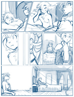 anthro arm_wraps bed bedding bedroom bedroom_window blanket bodily_fluids breasts cape casual_nudity chest_tuft clothing curtains dressing duo eye_scar eyebrow_through_hair eyebrows facial_scar female flustered furniture hair long_ears long_hair looking_aside looking_at_another lying male notched_ear on_front one_eye_closed panel_skew pillow rubbing_eyes scar shoulder_guards snout sweat sweatdrop translucent translucent_hair tuft waking_up window wraps conditional_dnp tom_fischbach twokinds keith_keiser natani basitin canid canine canis keidran mammal wolf 2026 adobe_photoshop_(artwork) blue_and_white comic digital_media_(artwork) monochrome sketch trans_(lore) trans_man_(lore)