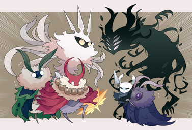 8_eyes ambiguous_gender antennae_(anatomy) biped black_body cloak clothed clothing fur green_body group holding_melee_weapon holding_object holding_weapon melee_weapon multi_eye nail_(weapon) neck_tuft purple_eyes raised_arms red_clothing standing tuft weapon white_eyes wings kiri_0861 hollow_knight_(franchise) team_cherry markoth_(hollow_knight) radiance_(hollow_knight) seer_(hollow_knight) shade_lord_(hollow_knight) the_knight_(hollow_knight) thistlewind_(hollow_knight) arthropod insect lepidopteran moth shadow_creature vessel_(species) absurd_res hi_res female_(lore) male_(lore)