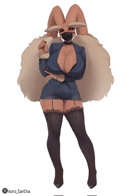 anthro big_breasts breasts choker cleavage clothed clothing female huge_breasts jewelry legwear mask necklace red_eyes simple_background solo standing stockings thick_thighs thigh_highs wearing_mask white_background wide_hips kuro_sancha nintendo pokemon generation_4_pokemon lopunny pokemon_(species) hi_res