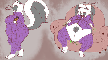 anthro armchair barefoot before_and_after belly belly_inflation belly_peeking_out beverage beverage_bottle big_belly bloated bottle breasts button_(fastener) chair chips_(food) clothed clothing container dialogue feet female food frown furniture hair hand_on_belly heart_(marking) holding_bottle holding_container holding_food holding_object inflation looking_at_belly looking_at_own_belly markings narrowed_eyes navel navel_popping obese obese_anthro obese_female outie_navel overweight overweight_anthro overweight_female pajamas purple_clothing rumbling_stomach simple_background sitting sitting_on_armchair smile soda soda_bottle solo tail talking_to_self tan_background text walking white_hair deloco49 jessica_(coaster14) mammal mephitid skunk 2013 digital_media_(artwork) english_text