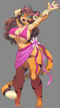 3_toes 5_fingers accessory ahoge anthro big_breasts bikini bikini_top blush bottomwear bracelet breasts brown_hair cleavage clothed clothing cute_fangs eyebrows eyelashes eyewear eyewear_on_head fangs feet female fingers flower flower_in_hair fur glasses glasses_on_head green_eyes grey_background hair hair_accessory hand_behind_head jewelry long_eyelashes long_hair long_tail looking_at_viewer midriff multicolored_body multicolored_fur nails navel necklace open_mouth open_smile plant raised_arms sarong sharp_nails simple_background skirt smile solo standing striped_body striped_fur stripes swimwear tail tan_body tan_fur teeth toes two-piece_swimsuit two_tone_body two_tone_fur under_boob yellow_body yellow_fur psibunny felid mammal pantherine tiger 2026 hi_res