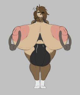 anthro areola big_breasts big_bulge breasts brown_body brown_fur brown_hair bulge clothing detailed_bulge ear_piercing footwear fur genital_outline green_eyes grey_background gynomorph hair huge_breasts huge_bulge hyper hyper_breasts intersex looking_at_viewer nipple_piercing nipple_ring nipples penis_outline piercing pink_areola pink_nipples ring_piercing simple_background socks solo white_clothing white_footwear white_socks thelazydreamer tenna_cale bear mammal 2026 hi_res