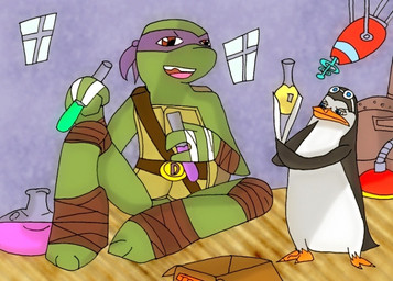 anthro beak chemistry duo male science hibejime dreamworks madagascar_(series) teenage_mutant_ninja_turtles the_penguins_of_madagascar donatello_(tmnt) kowalski_(madagascar) adelie_penguin avian bird penguin reptile scalie turtle crossover