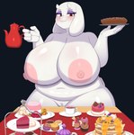 anthro beverage big_breasts black_background blush breasts butt cake container cup dessert erect_nipples female food furniture genitals goat_ears goat_tail half-closed_eyes holding_object holding_plate holding_teapot huge_breasts narrowed_eyes navel nipples nude pancake pastry pie plate pussy simple_background smile solo table tea teapot thick_thighs braffy undertale_(series) toriel bovid caprine goat mammal absurd_res hi_res