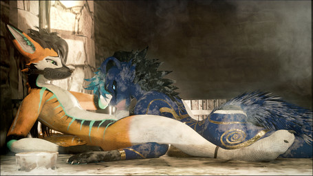 animal_genitalia animal_penis anthro anthro_on_anthro anthro_penetrated black_body black_fur black_hair blue_body blue_fur blue_markings bodily_fluids bowl canine_genitalia canine_penis cheek_tuft claws container cum cum_in_bowl cum_in_container cum_inside degradation degradation_kink duo erection excessive_cum excessive_genital_fluids facial_tuft fellatio fur genital_fluids genitals golden_markings hair looking_at_another male male/male male_penetrated male_penetrating markings messy multicolored_body muzzle_(object) muzzled nude oral orange_body orange_fur penetration penile penis prison questionable_consent restraints sex submissive tuft lill_esp lill_espion canid canine fox kit_fox mammal rexouium true_fox 3d_(artwork) absurd_res digital_media_(artwork) hi_res