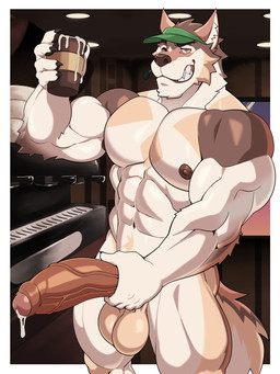 5_fingers abs anthro arm_tuft balls barazoku barista big_balls big_muscles big_pecs big_penis biped bodily_fluids border brown_penis chin_tuft clothing coffee_cup coffee_shop container cum cum_in_a_cup cum_in_container cum_on_penis cum_strand cup detailed_background earpiece elbow_tuft erection facial_tuft fingers foreskin front_view fur genital_fluids genitals green_clothing green_hat green_headwear grin half-erect hand_on_own_penis hand_on_penis hat headgear headwear holding_own_penis holding_penis humanoid_genitalia humanoid_penis inner_ear_fluff long_penis looking_at_viewer male multicolored_body multicolored_fur muscular muscular_arms muscular_male muscular_thighs navel nipples one_eye_closed open_mouth open_smile orange_eyes outside_border pecs penis presenting presenting_penis saggy_balls smile snout solo standing tail tan_body tan_fur thick_penis tuft vein veiny_penis wink winking_at_viewer sirwolfybuns alfonso_(raccsdatfapps) canid canine canis iberian_wolf mammal wolf 2025 3:4 absurd_res digital_media_(artwork) hi_res portrait three-quarter_portrait