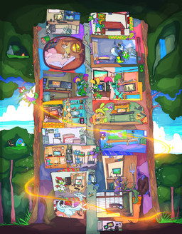 anthro bed branch cloud electronics female furniture group male monitor plant portal rocking_chair stairs tree waterfall roksim mythology durnan_(floppyoppy) roksim_the_time_mage asinus domestic_ferret donkey dragon equid equine kobold mammal mustelid musteline mythological_creature mythological_scalie poko_(species) scalie spiko stompo true_musteline weasel absurd_res hi_res