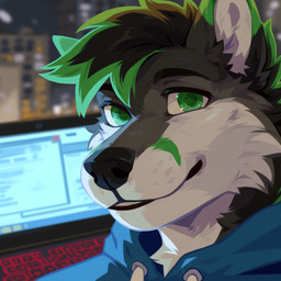 anthro black_hair black_nose cheek_tuft clothed clothing computer detailed_background electronics facial_tuft fur glistening glistening_eyes green_eyes green_hair green_markings grey_body grey_fur hair inside laptop looking_at_viewer male markings multicolored_hair night smile solo toony tuft two_tone_hair white_body white_fur corzh77 canid canine mammal 1:1 bust_portrait detailed hi_res portrait