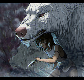 black_bars brown_hair clothed clothing dagger female feral group hair holding_object holding_weapon melee_weapon raining weapon tamberella ghibli princess_mononoke san_(princess_mononoke) canid canine canis human mammal wolf digital_media_(artwork)