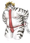 anthro asian_clothing belly big_belly blue_eyes blush bulge clothing east_asian_clothing eyewear fundoshi glasses japanese_clothing kemono male overweight overweight_male pink_nose red_clothing red_fundoshi red_underwear simple_background solo underwear white_background white_body popcornduck2 lifewonders tokyo_afterschool_summoners licho_(tas) felid mammal pantherine tiger 2024 hi_res