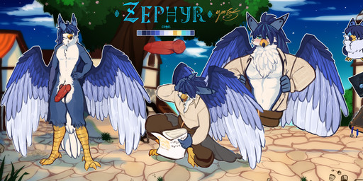 animal_genitalia animal_penis anthro beak biped blue_body blue_eyes canine_genitalia canine_penis clothing erection feathered_wings feathers fur genitals grimoire knot knotted_penis male male_anthro melee_weapon multicolored_body multicolored_fur nude nude_anthro nude_male penis solo sword text weapon wings yootak towers_of_infinity zephyr_azore avian bird absurd_res english_text hi_res model_sheet