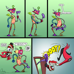 clothing crude_humor detachable detachable_limbs duo exclamation_point hat headgear headwear humor kick male pun teeth top_hat omny87 glitch_productions the_amazing_digital_circus caine_(tadc) zooble_(tadc) animate_inanimate living_toy comic hi_res nonbinary_(lore)