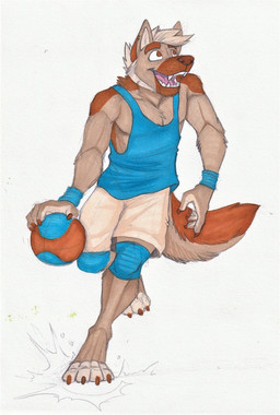anthro athletic athletic_anthro athletic_male ball barefoot blue_clothing blue_topwear bottomwear brown_body brown_claws brown_eyes brown_fur claws clothed clothing fangs feet finger_claws front_view fur hair holding_ball holding_object knee_pads male male_anthro no_pupils open_mouth open_smile short_hair shorts simple_background smile solo teeth toe_claws topwear white_background hufnaar canid canine mammal hi_res