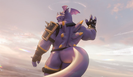 anthro claws clothed clothing halo heaven horn leather looking_at_viewer male muscular muscular_anthro muscular_male r.i.p. rest_in_peace simple_background sky skyscape smile solo symbol tail zero_unit takahirosi bandai_namco digimon fakemon mythology dragoneer_(character) fan_character digimon_(species) dragon mammal murasadramon mythological_creature mythological_scalie scalie chromatic_aberration digital_media_(artwork) hi_res