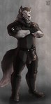 anthro big_bulge black_body black_fur black_nose boots bulge chaps clothing crossed_arms detailed_bulge footwear fur gloves grey_body grey_fur handwear jockstrap leather leather_strap looking_at_viewer male muscular muscular_male shoes solo straps underwear kirlanlion canid canine canis mammal wolf hi_res