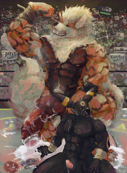 abs anthro armpit_hair balls black_body black_fur black_sclera bodily_fluids body_hair breath claws crowd cum cum_on_face cum_puddle cum_string duo erection exhibitionism fighting_ring fur genital_fluids genitals group knot male male/male muscular muscular_anthro musk nipples nude open_mouth orange_body pawpads pecs penile_spines penis pregnant pregnant_male pubes red_eyes red_sclera scar tail teeth tongue voyeur artjackal nintendo pokemon arcanine canid canine canis eeveelution generation_1_pokemon generation_2_pokemon mammal pokemon_(species) umbreon hi_res