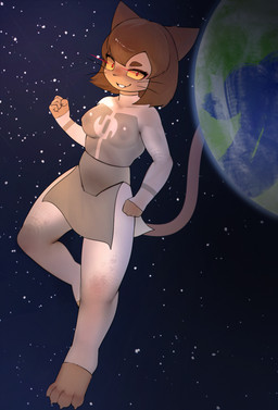 anthro blush breasts brown_hair claws clothed clothing cosplay crossover_cosplay earth female giga glowing glowing_eyes hair looking_at_viewer macro nipple_outline paws planet red_eyes short_hair smile solo space star tight_clothing toe_claws whiskers yellow_sclera ti-suger gameoverse glitch_productions image_comics invincible_(image_comics) kit_bodega felid mammal viltrumite absurd_res crossover hi_res