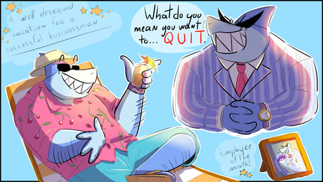 accessory aloha_shirt anthro arm_hair beverage blue_body blue_clothing blue_skin blue_suit body_hair bottomwear business_attire business_suit businesswear clock clothing eyewear footwear hairy_legs hands_together hands_together_elbows_apart hat headgear headwear male multicolored_body multicolored_skin necktie pattern_clothing pattern_shirt pattern_topwear picture_frame red_necktie relaxing sandals sharp_teeth shirt shoes shorts solo suit sunglasses teeth text topwear two_tone_body two_tone_skin watch wristwatch bloopybloomary omori_(game) hero_(omori) mr._jawsum aquatic fish shark 16:9 english_text hi_res picture_in_picture widescreen
