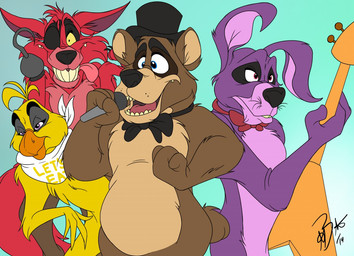 alternate_species anthro anthrofied beak blue_eyes brown_body brown_fur clothing electric_guitar electronics eye_patch eyewear female fur furrification group guitar hat headgear headwear hook male microphone musical_instrument plucked_string_instrument string_instrument top_hat unknown_artist five_nights_at_freddy's scottgames bonnie_(fnaf) chica_(fnaf) classic_chica_(fnaf) foxy_(fnaf) freddy_(fnaf) avian bear bird canid canine chicken fox galliform lagomorph leporid mammal phasianid rabbit