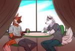 anthro beverage black_body black_fur blue_eyes coffee drinking duo fluffy food fur furniture male orange_body orange_fur table white_body white_fur tanks_(artist) melancholy_(wolf) navh canid canine canis mammal maned_wolf wolf hi_res