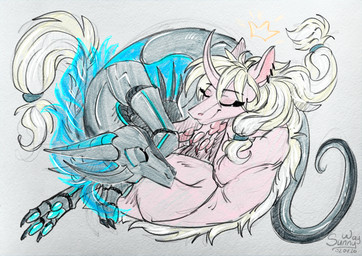 claws cybernetics fangs female feral fluffy fur fya holidays holography horn machine male pawpads paws piercing silly sleeping teeth sunny_way april_fools'_day cyborg ki'rinaes robot hi_res