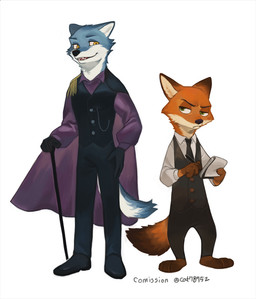 4_fingers anthro barefoot black_nose blue_body blue_fur bottomwear brown_body brown_fur cane cape claws clothed clothing dipstick_ears dual_holding duo ear_markings feet fingers footwear front_view frown fully_clothed fur gloves gloves_(marking) handwear holding_note_pad holding_object holding_pen holding_writing_utensil looking_at_viewer male markings multicolored_ears necktie note_pad notebook orange_body orange_eyes orange_fur pants pen pupils shirt shoes simple_background slit_pupils smile standing topwear vest white_background white_body white_fur writing_utensil cat78952 disney zootopia fan_character nick_wilde canid canine fox mammal red_fox true_fox