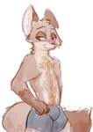 anthro belly_tuft boxers_(clothing) bulge chest_tuft clothed clothing hair male simple_background smug solo topless tuft underwear white_background bluedouble disney zootopia nick_wilde canid canine fox mammal red_fox true_fox hi_res