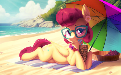 beach beverage detailed_background drinking eyelashes eyewear feathered_wings feathers female feral glasses hair holding_beverage holding_object on_towel outside pupils quadruped red_hair smile solo tail towel umbrella wearing_glasses wings yellow_body shydale friendship_is_magic hasbro my_little_pony mythology mrs._shy_(mlp) equid equine mammal mythological_creature mythological_equine pegasus hi_res