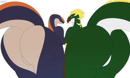 blonde_hair blue_body bouncing_butt butt butt_bump butt_focus duo female feral green_body green_butt hair looking_back male shaking_butt simple_background white_background pazzl dinosaur prehistoric_species reptile scalie animated hi_res watermark