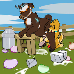animal_genitalia animal_penis anthro bodily_fluids brown_body brown_fur bucket condom container cum cum_in_bucket cum_in_container cum_on_ground duo ejaculation equine_genitalia equine_penis excessive_cum excessive_genital_fluids facial_hair farm filled_condom fur genital_fluids genitals grass handjob hooves knot knotted_penis male male/male milk_container milk_tank outside outside_sex paws penile penis penis_milking plant precum sex sexual_barrier_device size_difference slightly_chubby yellow_body yellow_fur doug_polaris doshiba_solaris mag_magnus bovid bovine canid canine canis cattle domestic_dog mammal shiba_inu spitz 1:1 hi_res