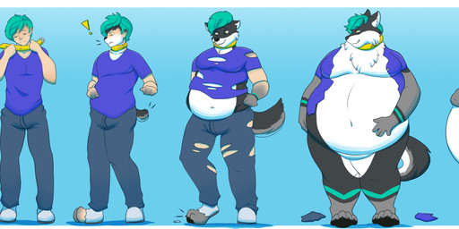 anthro basic_sequence clothed clothing collar five_frame_image five_frame_sequence food fur hair inflation linear_sequence male multi_frame_sequence overweight overweight_anthro overweight_male solo transformation transformation_sequence weight_gain weights earlybird sherzo canid canine canis human mammal wolf absurd_res hi_res sequence