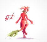 anthro bottomwear clothing female horn light loincloth looking_at_viewer looking_back looking_back_at_viewer rear_view red_body simple_background solo white_background kind_lurker atzi kobold scalie 2021 artist_name lighting shaded