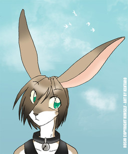 anthro bell bell_collar brown_body brown_fur brown_hair collar fur green_eyes hair male sky skyscape solo text kentarokun hoshi_(arnavon) hare lagomorph leporid mammal 2007 artist_name bust_portrait character_name digital_media_(artwork) portrait