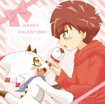 anthro blush brown_hair candy chocolate claws clothing dessert duo feeding_each_other food green_eyes hair holidays hoodie horn male male/male smile topwear yellow_eys asaridaton bandai_namco digimon digimon_ghost_game valentine's_day gammamon_(ghost_game) hiro_amanokawa digimon_(species) gammamon human mammal scalie