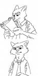 anthro book clothed clothing confusion holding_book holding_object male necktie reading shirt simple_background solo topwear white_background numbro disney zootopia nick_wilde canid canine fox mammal red_fox true_fox black_and_white meme monochrome reaction_image sequence sketch