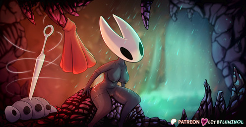 2_horns areola biped black_eyes breasts cloak clothing female genitals horn melee_weapon nipples nude patreon_logo red_cloak red_clothing sitting solo text thread vulva weapon conditional_dnp litbyluminol hollow_knight:_silksong hollow_knight_(franchise) patreon team_cherry hornet_(hollow_knight) arthropod 2025 absurd_res artist_name english_text hi_res