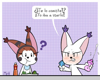 anthro blush brown_body brown_fur claws condom condom_wrapper cucumber cutlery dialogue duo ear_tuft eyelashes female food fruit fur kitchen_utensils knife lemon lube lube_bottle open_mouth plant sexual_barrier_device simple_background smile solo tail text tools tuft white_body white_fur mr_harinezumi bandai_namco digimon bianc_(el_senor_erizo) mikasa_(el_senor_erizo) digimon_(species) felid feline felis gatomon mammal mikemon hi_res spanish_text translated