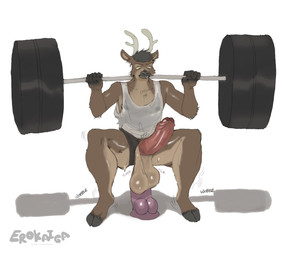 anthro antlers athletic athletic_male athletic_wear balls barbell_squats big_balls big_penis bodily_fluids bottomwear clothing dildo dildo_sitting drooling erection erection_through_clothing exercise exercise_clothing foreskin genitals gym_bottomwear gym_shorts horn looking_down male partially_retracted_foreskin penetration penis penis_through_underwear riding_dildo saggy_balls saliva sex_toy sexercise shirt shorts simple_background solo sweat tank_top topwear translucent translucent_clothing weightlifting white_background workout kayacoma tyson_wildwood deer mammal hi_res