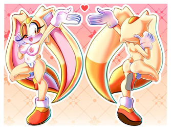 aged_up anthro areola blush breasts butt camel_toe clothed clothing female fingers footwear fur hair looking_at_viewer nipples on_one_leg one_eye_closed open_mouth panties rear_view shoes simple_background smile solo standing tail tongue topless topless_anthro topless_female underwear wink winking_at_viewer demichan sega sonic_the_hedgehog_(series) cream_the_rabbit lagomorph leporid mammal rabbit digital_media_(artwork)