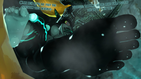blue_nipples bodily_fluids dialogue dominant dominant_intersex feet foot_fetish foot_focus intersex laughing_at_viewer nipples sweat sweaty_feet throat_grab nutmansfm nintendo the_legend_of_zelda twilight_princess midna 16:9 4k absurd_res hi_res widescreen