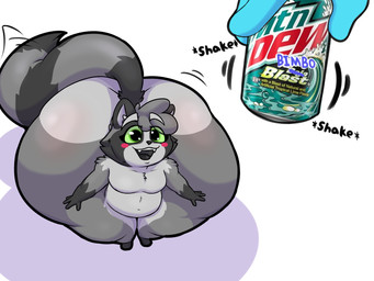 anthro beverage_can big_butt bottom_heavy butt gloves_(marking) green_eyes huge_butt hyper hyper_butt male markings nude onomatopoeia open_mouth open_smile smile solo sound_effects text chappystick mountain_dew chappy_(chappystick) mammal procyonid raccoon english_text