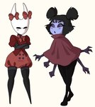 2_horns alternate_costume alternative_fashion anthro black_body blush cloak clothing clothing_swap crossed_arms duo embarrassed female horn j-fashion legwear multi_arm multi_eye multi_limb open_mouth ouji_(fashion) puffy_shorts stockings cuttlehonk hollow_knight team_cherry undertale undertale_(series) hornet_(hollow_knight) muffet animal_humanoid arachnid arachnid_humanoid arthropod arthropod_humanoid humanoid spider spider_humanoid digital_media_(artwork) hi_res