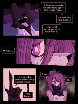 anthro bodily_fluids breasts claws clothed clothing dialogue duo fangs female hair homeless male male/female messy_hair movie_theater nipples open_mouth ponytail raised_clothing red_eyes shocked simple_background smile sweat teeth text the_suit ponporio homeless_dog canid canine mammal 3:4 absurd_res comic english_text hi_res