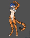 anthro areola athletic athletic_anthro athletic_female black_stripes blue_hair bottomless breasts brown_eyes cheek_tuft claws clitoral_hood clothed clothing clothing_lift digitigrade dipstick_tail exposed_breasts facial_tuft feet female fingerless_(marking) fur genitals hair innie_pussy markings navel nipples orange_body orange_fur partially_clothed pussy shirt short_hair simple_background solo standing striped_body striped_fur stripes tail tail_markings tank_top toe_claws toeless_(marking) topwear tuft whisker_spots white_body white_clothing white_fur white_shirt white_tank_top white_topwear foxboy83 tootaloo samantha_(foxboy83) felid mammal pantherine tiger 4:5 colored digital_drawing_(artwork) digital_media_(artwork) full-length_portrait hi_res portrait shaded