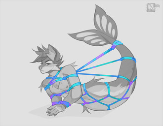 areola bdsm bondage bound claws fingers fur hair looking_at_viewer male nipples restraints rope rope_bondage simple_background solo split_form tail cordi aquatic merfolk 2026 digital_drawing_(artwork) digital_media_(artwork) hi_res