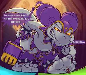 anthro bulge claws clothing cowboy_hat cowboy_outfit duo electronics extreme_size_difference grin gun hand_on_hip hat headgear headwear male micro microphone pointed_tail purple_clothing ranged_weapon shortstack shortstack_male size_difference smile text weapon white_body yellow_eyes nommz kings_of_hell gremile_'hotshot' superbia_(kings_of_hell) demon imp kobold scalie