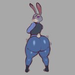 2024 absurd_res anthro big_butt bottomwear butt clothed clothing curvy_figure disney female grey_background grey_body hi_res huge_butt judy_hopps lagomorph leporid looking_at_viewer mammal motion_lines mr_dark_and pants purple_eyes rabbit simple_background solo standing tail thick_thighs tight_bottomwear tight_clothing tight_pants topwear uniform vest wide_hips zootopia