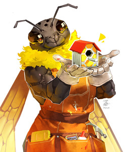 antennae_(anatomy) anthro apron birdhouse carpenter clothing emanata female glistening glistening_eyes gloves glue_bottle hammer handwear honeycomb insect_wings mandibles neck_tuft paint_splatter paint_stain presenting_object proud simple_background solo ta-da tools tuft white_background wings work_clothes work_gloves samus_sunset arthropod bee carpenter_bee hymenopteran insect 2025 absurd_res hi_res signature