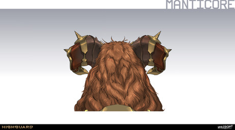 2_horns ambiguous_feral ambiguous_gender brown_horn company_name curled_horn feral gradient_background horn horn_jewelry horn_ring jewelry light mane multicolored_horn orange_mane rear_view red_horn ring_(jewelry) saddle simple_background text two_tone_horn nicholas_patrick_kelana highguard_(game) iranian_mythology middle_eastern_mythology mythology felid mammal manticore 2026 absurd_res bust_portrait colored concept_art digital_drawing_(artwork) digital_media_(artwork) english_description english_text hi_res lighting official_art portrait shaded